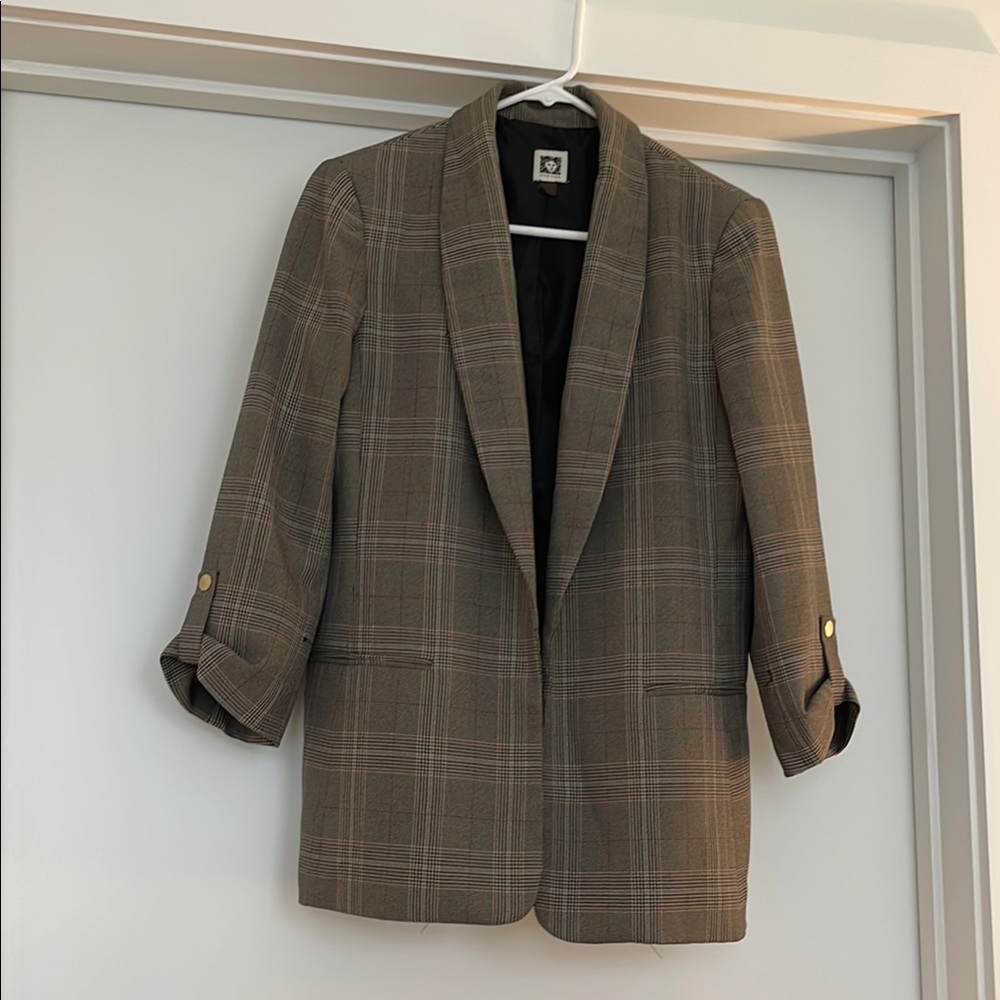 Anne Klein Brown Plaid Blazer with Gold Button Accents